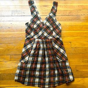 Free People Plaid Mini Dress Pinafore Size Small White Red Green